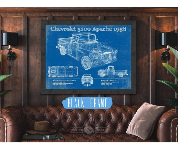 20" x 16" / Black Frame Cutler West Chevrolet 3100 Apache Pickup 1958 Vintage Blueprint Truck Print