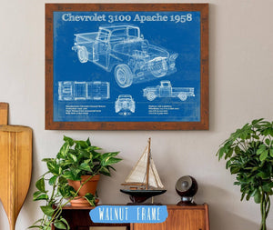 20" x 16" / Walnut Frame Cutler West Chevrolet 3100 Apache Pickup 1958 Vintage Blueprint Truck Print