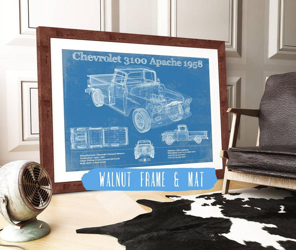 20" x 16" / Walnut Frame & Mat Cutler West Chevrolet 3100 Apache Pickup 1958 Vintage Blueprint Truck Print