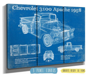 36" x 24" / 3 Panel Canvas Wrap Cutler West Chevrolet 3100 Apache Pickup 1958 Vintage Blueprint Truck Print