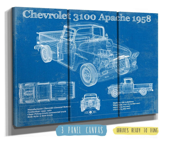 36" x 24" / 3 Panel Canvas Wrap Cutler West Chevrolet 3100 Apache Pickup 1958 Vintage Blueprint Truck Print