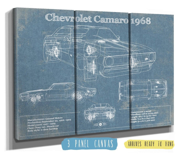 36" x 24" / 3 Panel Canvas Wrap Cutler West Chevrolet Camaro 1968 Blueprint Vintage Auto Patent Print