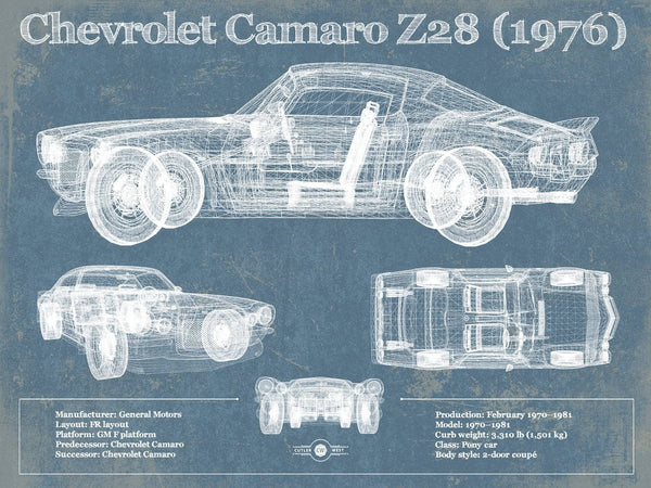 14" x 11" / Unframed Cutler West Chevrolet Camaro Z28 1976 Vintage Blueprint Auto Print