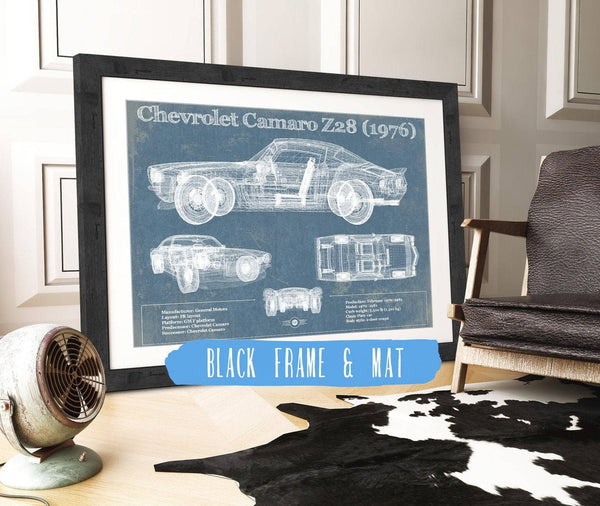 20" x 16" / Black Frame & Mat Cutler West Chevrolet Camaro Z28 1976 Vintage Blueprint Auto Print