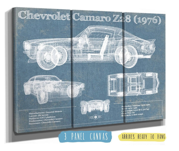 36" x 24" / 3 Panel Canvas Wrap Cutler West Chevrolet Camaro Z28 1976 Vintage Blueprint Auto Print