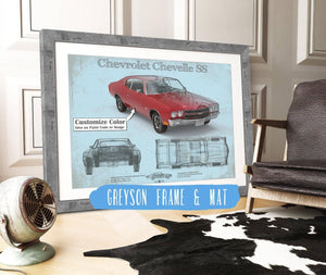 14" x 11" / Greyson Frame & Mat Cutler West Chevrolet Chevelle SS Red Original Blueprint Art