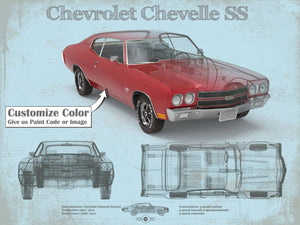 14" x 11" / Unframed Cutler West Chevrolet Chevelle SS Red Original Blueprint Art