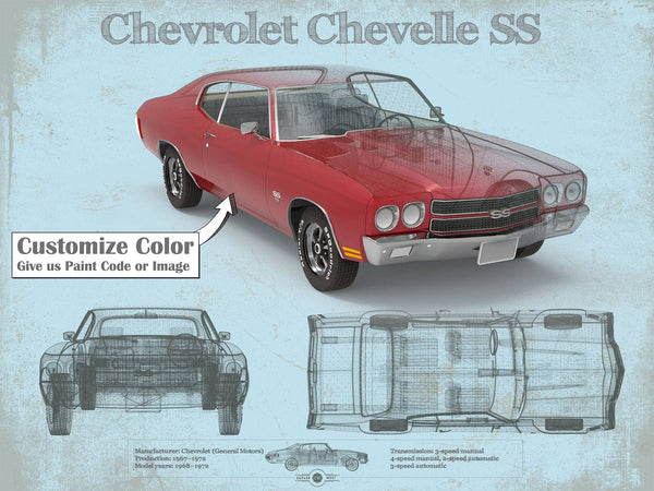 14" x 11" / Unframed Cutler West Chevrolet Chevelle SS Red Original Blueprint Art