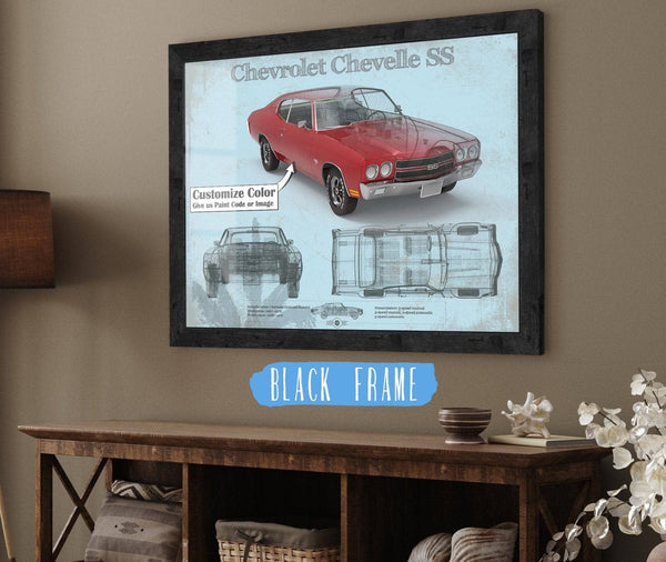 20" x 16" / Black Frame Cutler West Chevrolet Chevelle SS Red Original Blueprint Art