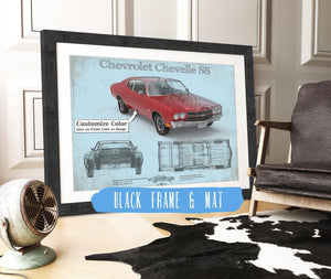 20" x 16" / Black Frame & Mat Cutler West Chevrolet Chevelle SS Red Original Blueprint Art