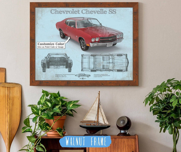 20" x 16" / Walnut Frame Cutler West Chevrolet Chevelle SS Red Original Blueprint Art