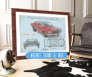 20" x 16" / Walnut Frame & Mat Cutler West Chevrolet Chevelle SS Red Original Blueprint Art