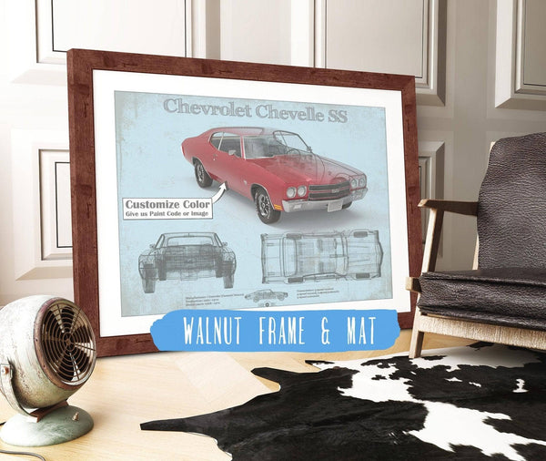 20" x 16" / Walnut Frame & Mat Cutler West Chevrolet Chevelle SS Red Original Blueprint Art