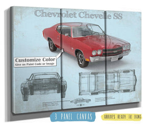 36" x 24" / 3 Panel Canvas Wrap Cutler West Chevrolet Chevelle SS Red Original Blueprint Art