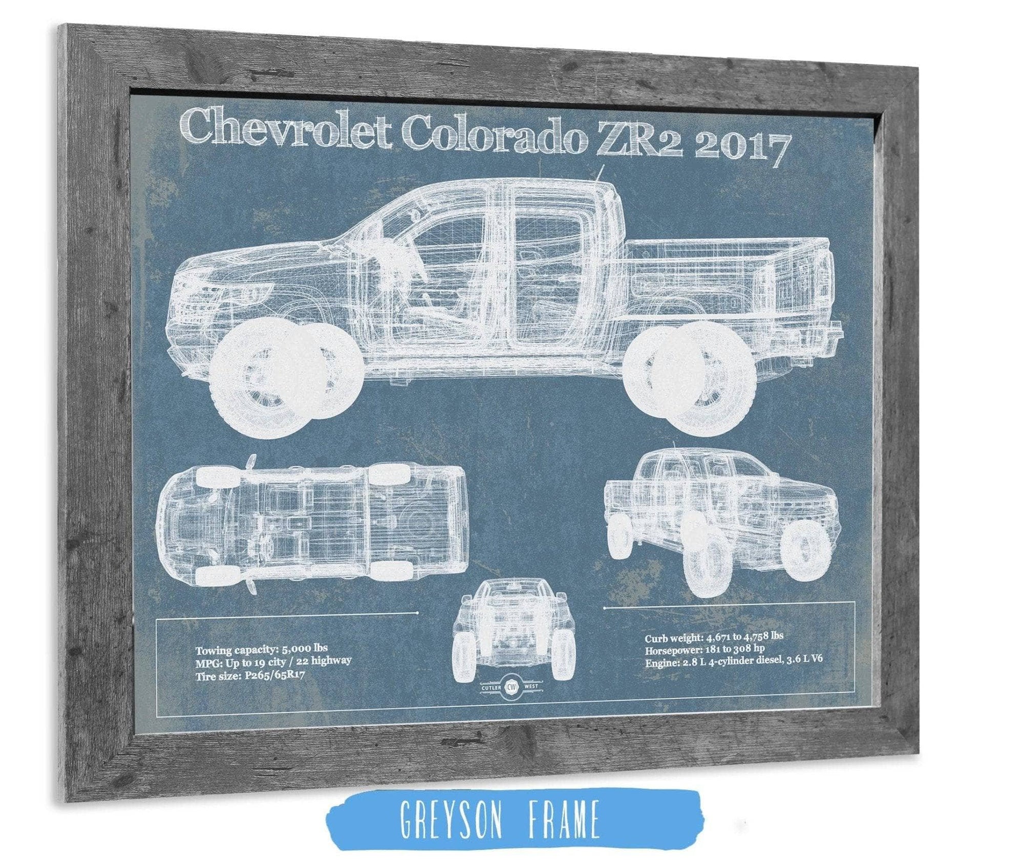 14" x 11" / Greyson Frame Cutler West Chevrolet Colorado ZR2 2017 Vintage Blueprint Truck Print
