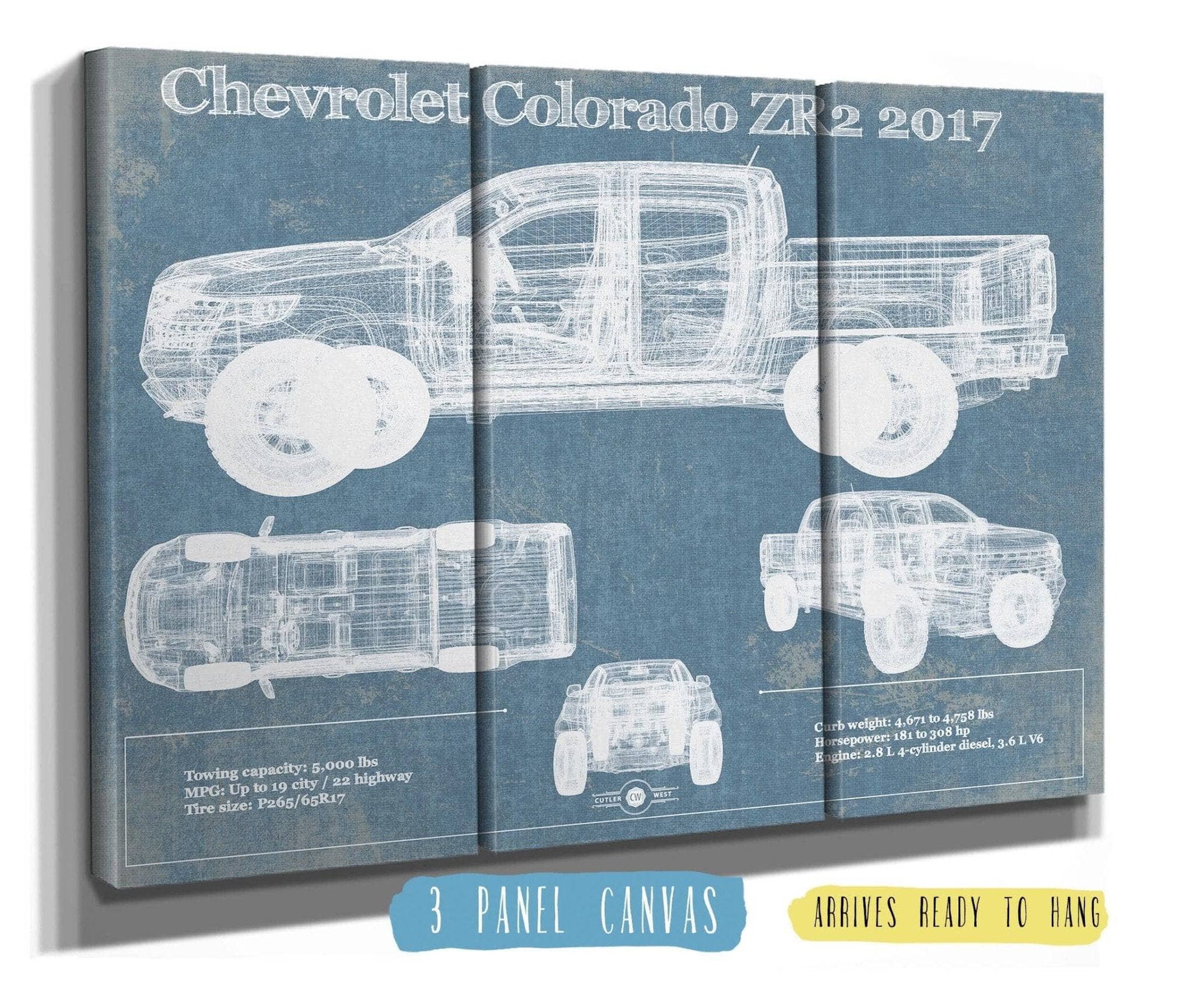 36" x 24" / 3 Panel Canvas Wrap Cutler West Chevrolet Colorado ZR2 2017 Vintage Blueprint Truck Print