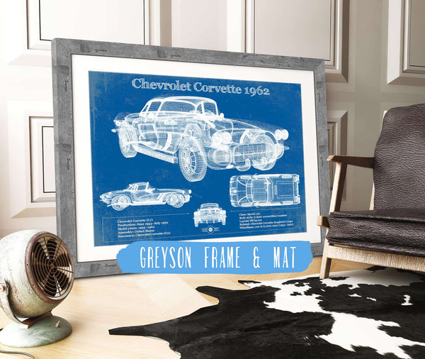 14" x 11" / Greyson Frame & Mat Cutler West Chevrolet Corvette 1962 Blueprint Vintage Auto Print