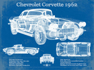 14" x 11" / Unframed Cutler West Chevrolet Corvette 1962 Blueprint Vintage Auto Print