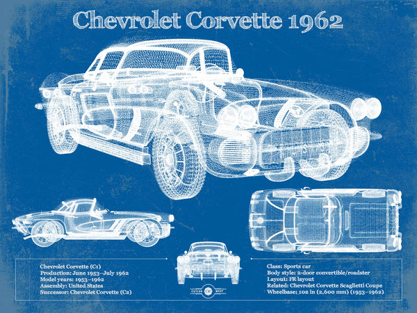 14" x 11" / Unframed Cutler West Chevrolet Corvette 1962 Blueprint Vintage Auto Print