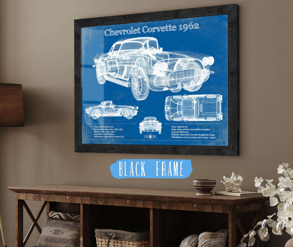 20" x 16" / Black Frame Cutler West Chevrolet Corvette 1962 Blueprint Vintage Auto Print