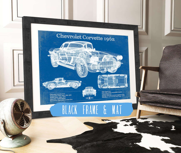 20" x 16" / Black Frame & Mat Cutler West Chevrolet Corvette 1962 Blueprint Vintage Auto Print