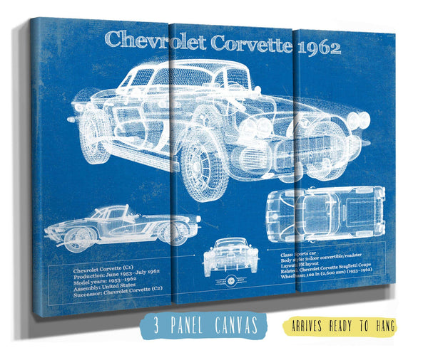 36" x 24" / 3 Panel Canvas Wrap Cutler West Chevrolet Corvette 1962 Blueprint Vintage Auto Print