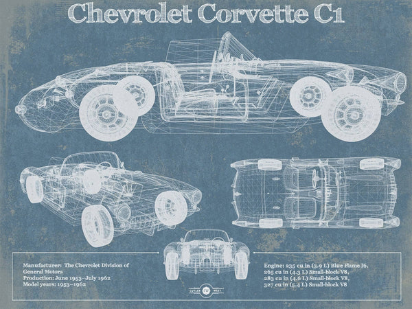 14" x 11" / Unframed Cutler West Chevrolet Corvette C1 Blueprint Vintage Auto Print