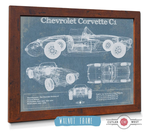 20" x 16" / Walnut Frame Cutler West Chevrolet Corvette C1 Blueprint Vintage Auto Print