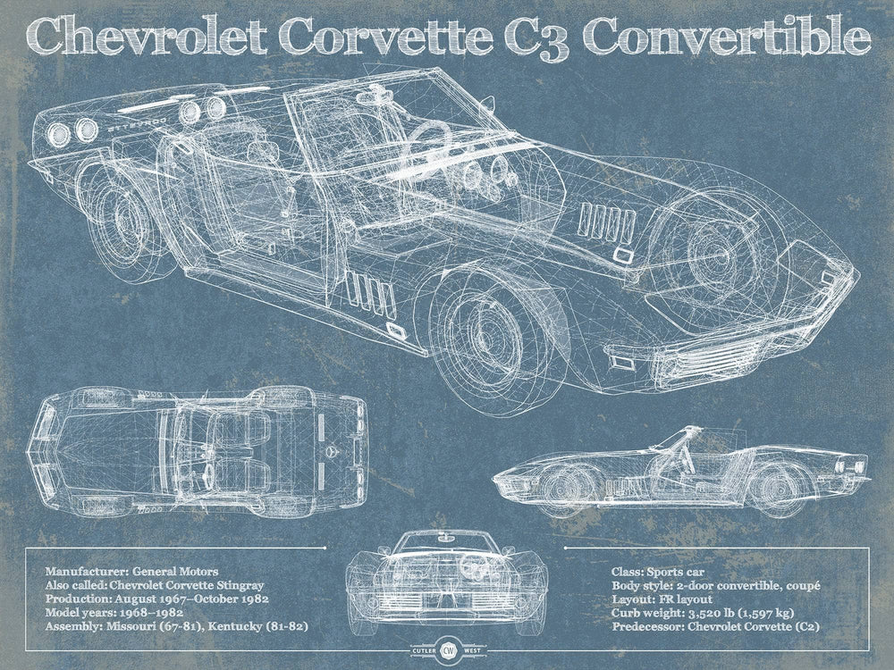 14" x 11" / Stretched Canvas Wrap Cutler West Chevrolet Corvette C3 Convertible Vintage Auto Print