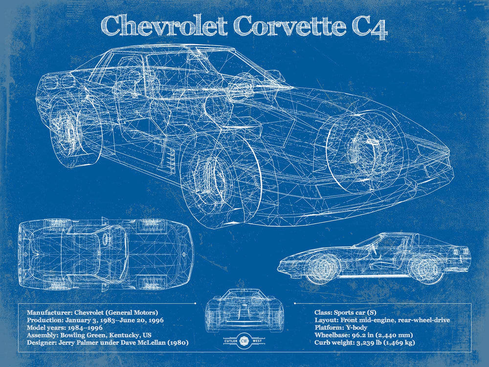 14" x 11" / Stretched Canvas Wrap Cutler West Chevrolet Corvette C4 Blueprint Vintage Auto Print