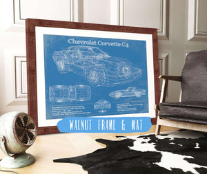 20" x 16" / Walnut Frame & Mat Cutler West Chevrolet Corvette C4 Blueprint Vintage Auto Print