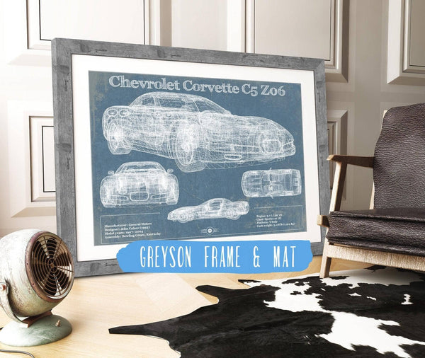 14" x 11" / Greyson Frame & Mat Cutler West Chevrolet Corvette C5 Z06 Convertible Blueprint Vintage Auto Patent Print