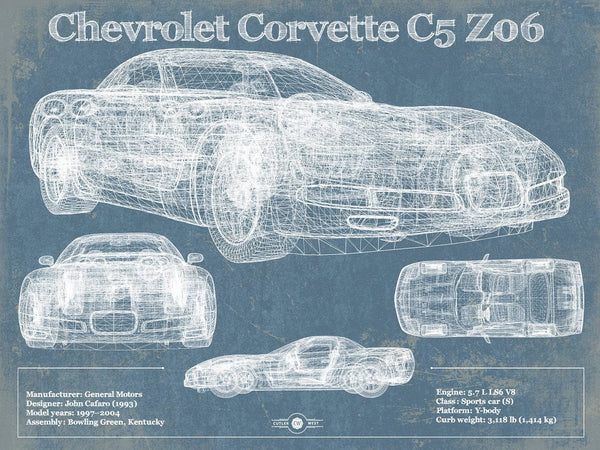 14" x 11" / Unframed Cutler West Chevrolet Corvette C5 Z06 Convertible Blueprint Vintage Auto Patent Print