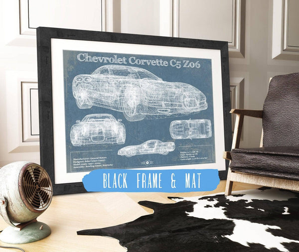 20" x 16" / Black Frame & Mat Cutler West Chevrolet Corvette C5 Z06 Convertible Blueprint Vintage Auto Patent Print