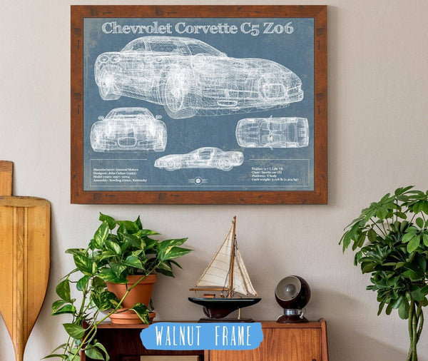 20" x 16" / Walnut Frame Cutler West Chevrolet Corvette C5 Z06 Convertible Blueprint Vintage Auto Patent Print