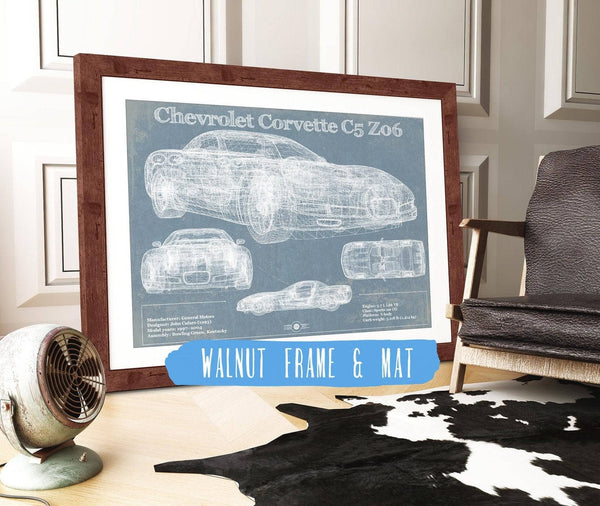 20" x 16" / Walnut Frame & Mat Cutler West Chevrolet Corvette C5 Z06 Convertible Blueprint Vintage Auto Patent Print