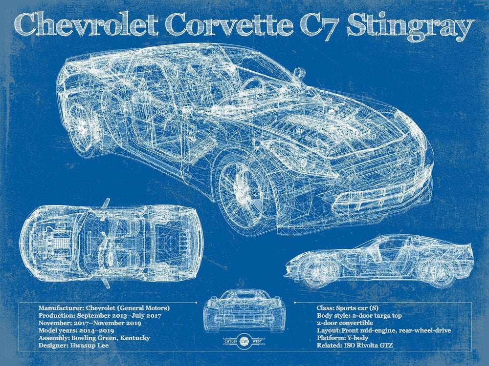 14" x 11" / Stretched Canvas Wrap Cutler West Chevrolet Corvette C7 Stingray Blueprint Vintage Auto Patent Print