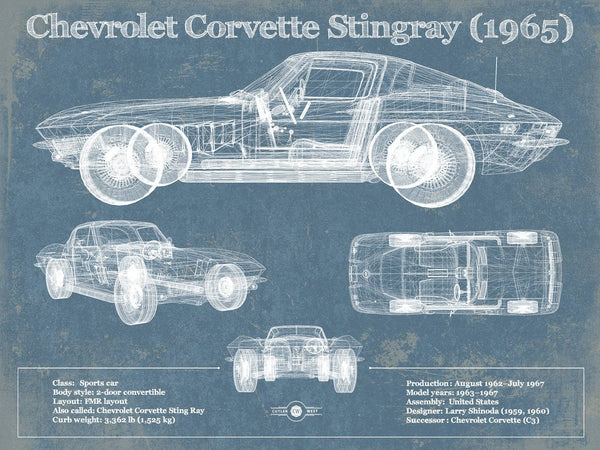 14" x 11" / Unframed Cutler West Chevrolet Corvette Stingray 1965 Blueprint Vintage Auto Print