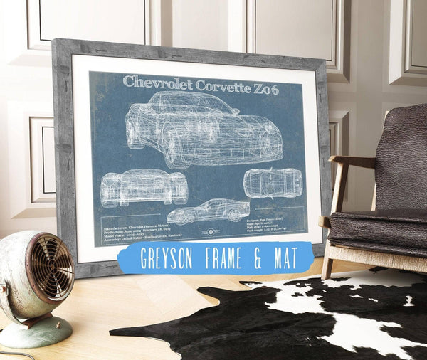 14" x 11" / Greyson Frame & Mat Cutler West Chevrolet Corvette Z06 Blueprint Vintage Auto Print