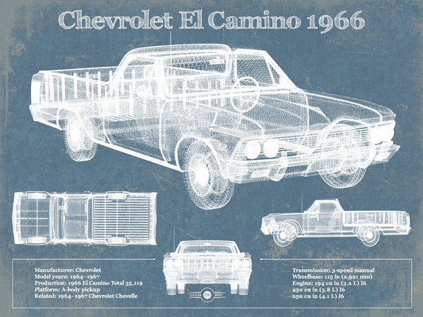 14" x 11" / Unframed Cutler West Chevrolet El Camino 1966 Vintage Blueprint Auto Print