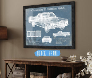 20" x 16" / Black Frame Cutler West Chevrolet El Camino 1966 Vintage Blueprint Auto Print
