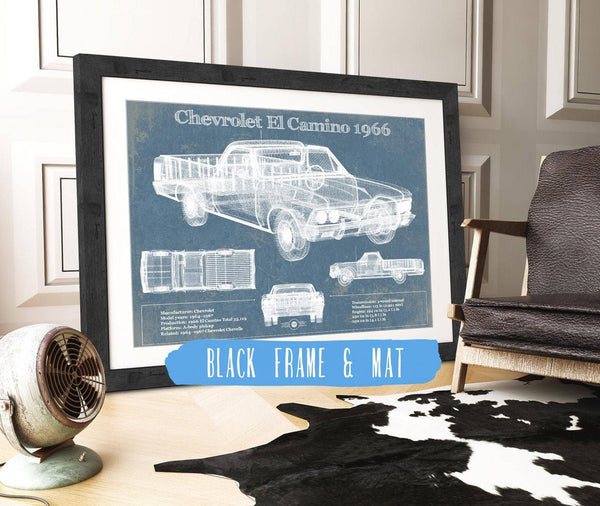 20" x 16" / Black Frame & Mat Cutler West Chevrolet El Camino 1966 Vintage Blueprint Auto Print