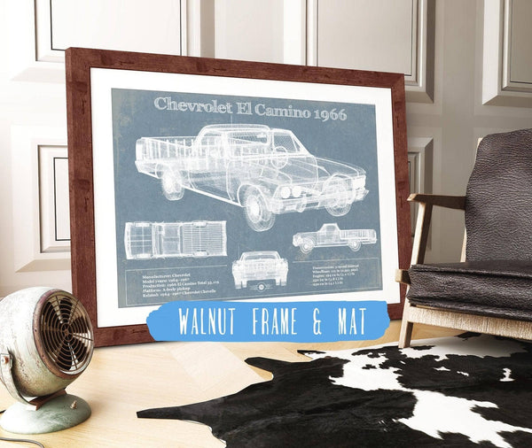 20" x 16" / Walnut Frame & Mat Cutler West Chevrolet El Camino 1966 Vintage Blueprint Auto Print