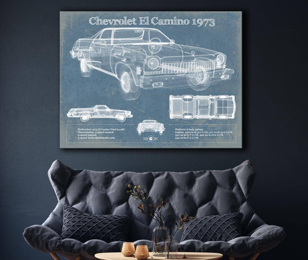 Cutler West Chevrolet El Camino 1973 Vintage Blueprint Auto Print
