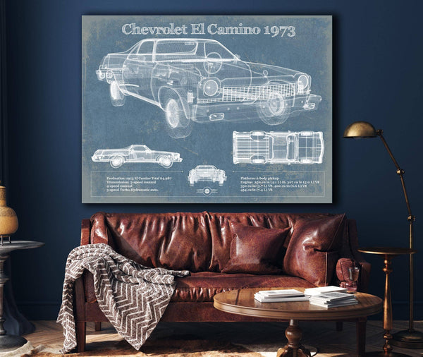 Cutler West Chevrolet El Camino 1973 Vintage Blueprint Auto Print