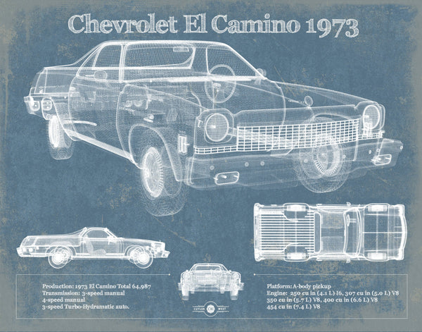14" x 11" / Unframed Cutler West Chevrolet El Camino 1973 Vintage Blueprint Auto Print