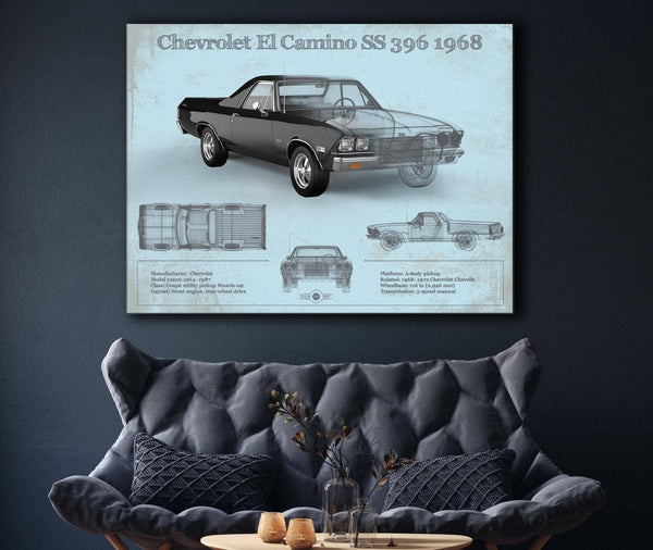 Cutler West Chevrolet El Camino SS 396 1968 Vintage Blueprint Auto Print