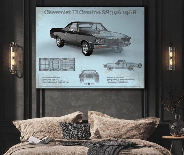Cutler West Chevrolet El Camino SS 396 1968 Vintage Blueprint Auto Print