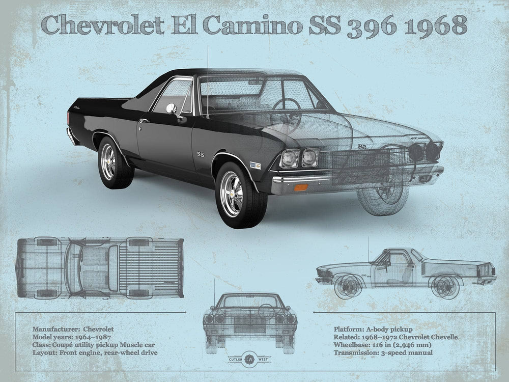 14" x 11" / Stretched Canvas Wrap Cutler West Chevrolet El Camino SS 396 1968 Vintage Blueprint Auto Print