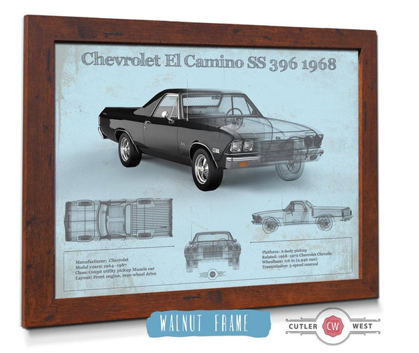 20" x 16" / Black Frame Cutler West Chevrolet El Camino SS 396 1968 Vintage Blueprint Auto Print
